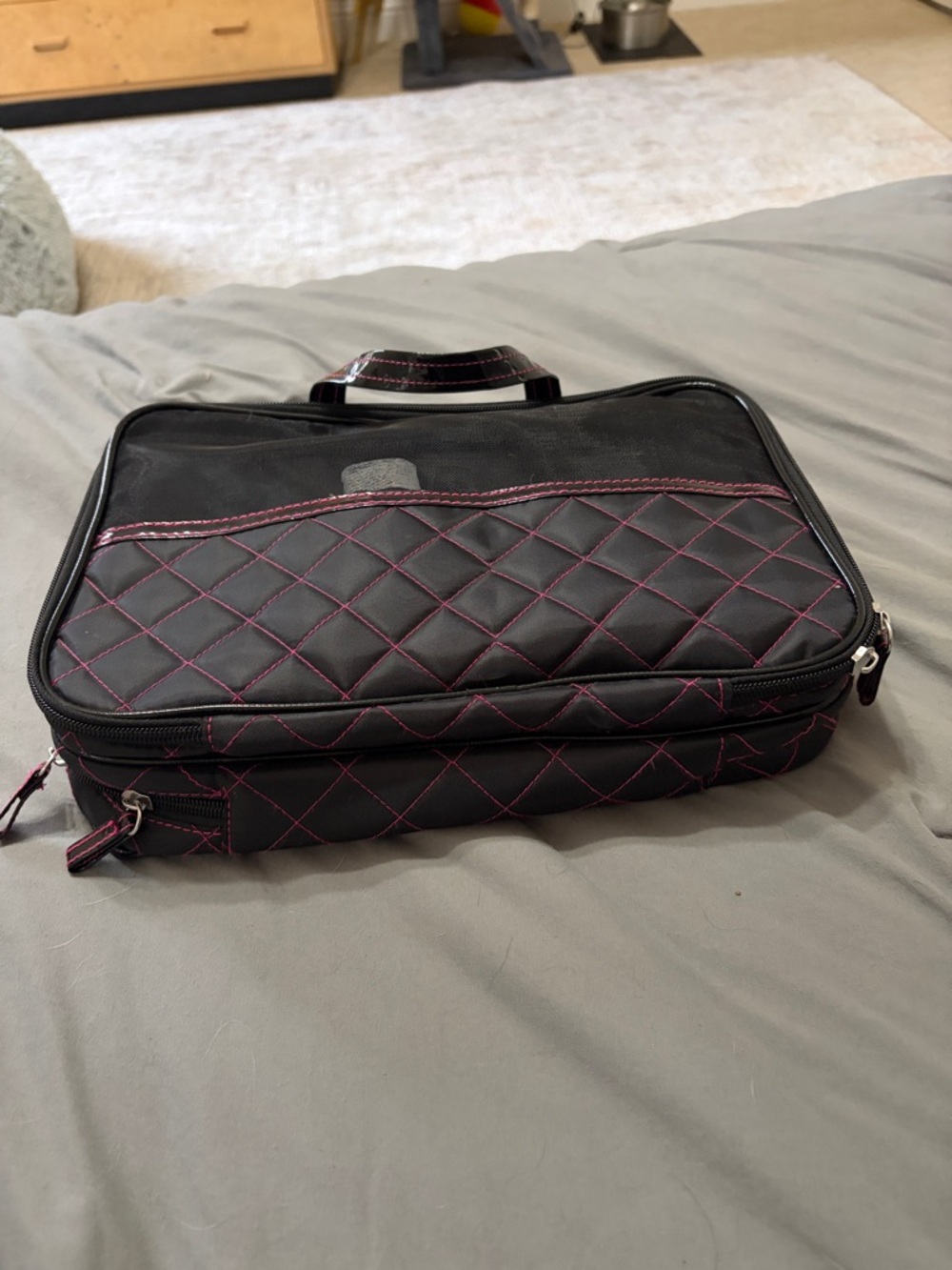 Black Quilted Travel Organizer Bag with Pink Stitching New